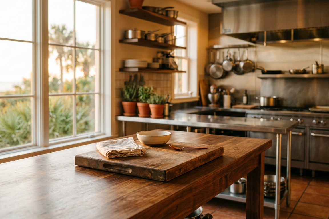 Golden-hour Gulf Coast light streaming through a professional kitchen window across softly blurred surfaces.
