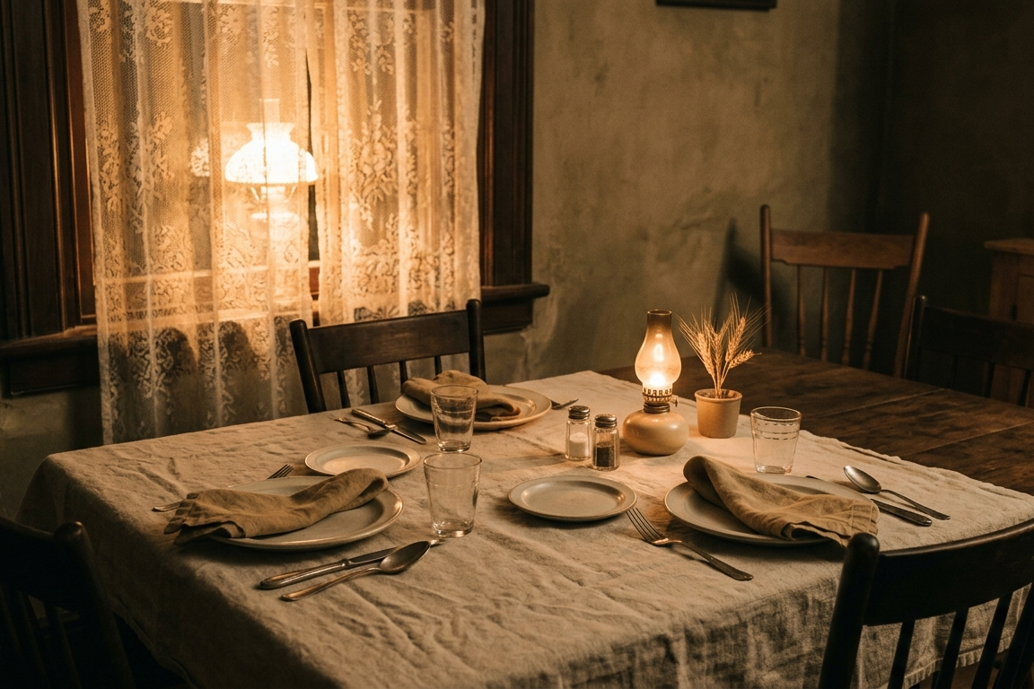Amber lamplight through a lace curtain falling across an empty set table — quiet and nostalgic.