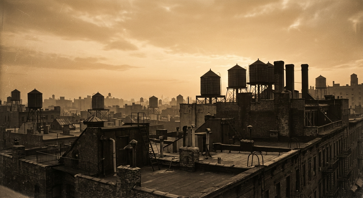 An early-1900s New York tenement rooftop line at golden hour, water towers and chimneys in warm sepia haze, empty.