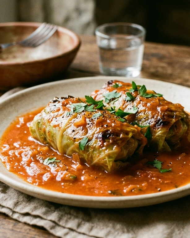 Stuffed cabbage rolls, galumpka, glossy in a warm tomato sauce on a neutral ceramic plate.
