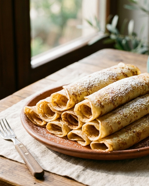 Thin Ukrainian crepes, mlyntsi, rolled and stacked with a dusting of powdered sugar in morning light.
