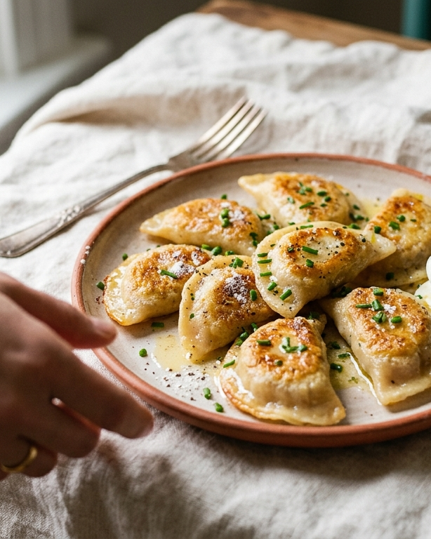 Pierogi with golden pan-seared edges and a glisten of butter, arranged on warm linen.